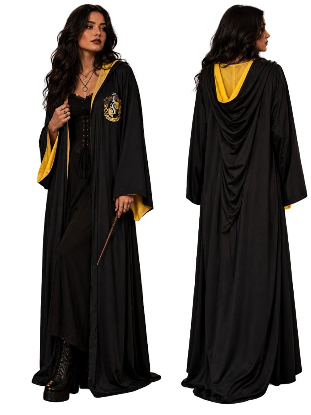 Underboss Harry Potter Hufflepuff Robe Adult Costume Black Yellow Hooded Long